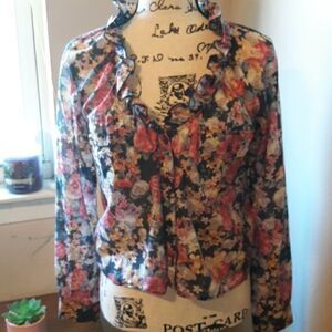 💥FLASH SALE💥LOVE MOSCHINO FLORAL HEART/SKULLS RUFFLE BUTTONDOWN BLOUSE SIZE 2